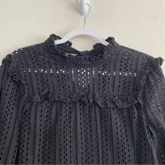 Madewell Mockneck Eyelet Ruffle Long Sleeve Peasant Top Size S Black Fairy Goth - Picture 5 of 11